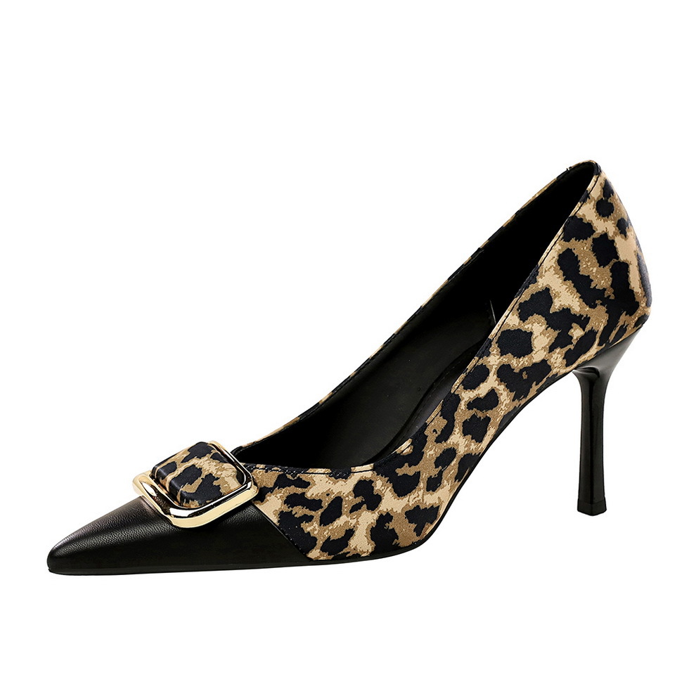 2627-5 European And American Style Metal Buckle Leopard Print High Heels Women Pointed Toe Sexy Stiletto Shallow Mouth_vogvips.com