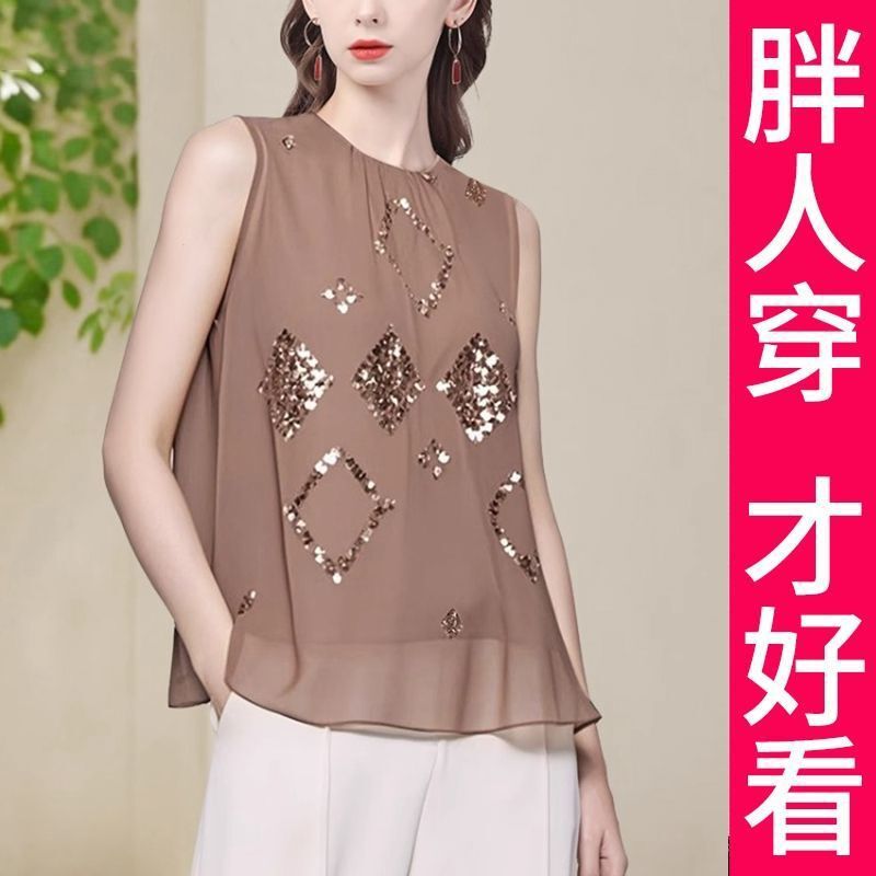 100kg High-End Plus Size Design Sequined Tops for Women 2025 Summer New Style Sleeveless Vests and Shirts That Are Slim and Versatile