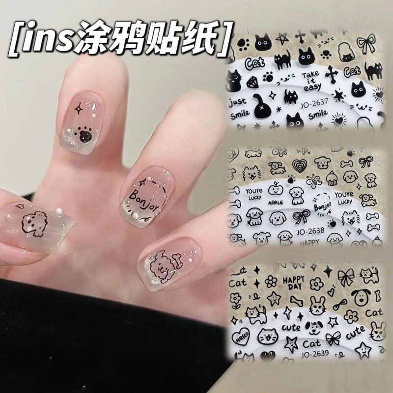 New Trendy Instagram Cat Stickers for Nail Art, Black and White Popular Cute Cartoon Cat and Kitten Adhesive Nail Stickers