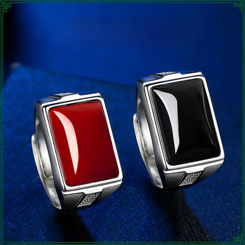 Red agate unisex adjustable ring, silver red blood amber open adjustable second generation agate