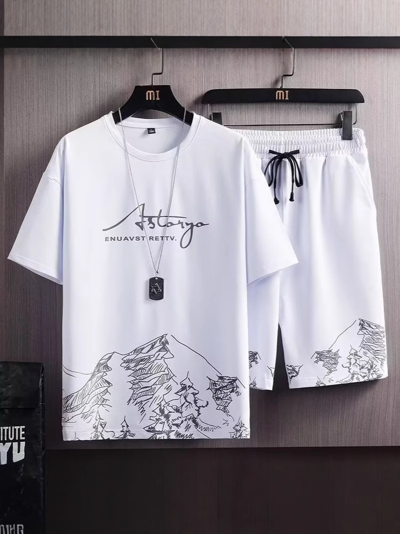Set de seda de hielo de dos piezas, camiseta de manga corta de hombre, moda de verano, nuevos pantalones cortos casuales, baloncesto deportivo, ropa de hombre guapo
