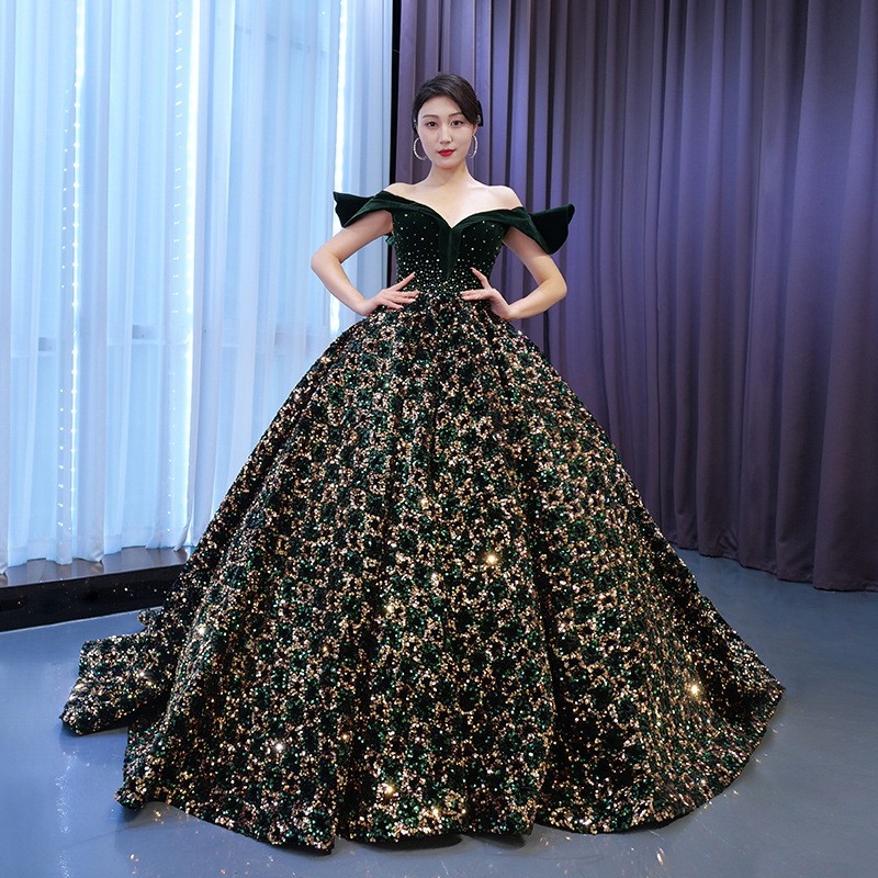 2026 European and American Style Bridal Fantasy Sequin Off-Shoulder Solo Performance Ball Gown Party Tutu Evening Dress