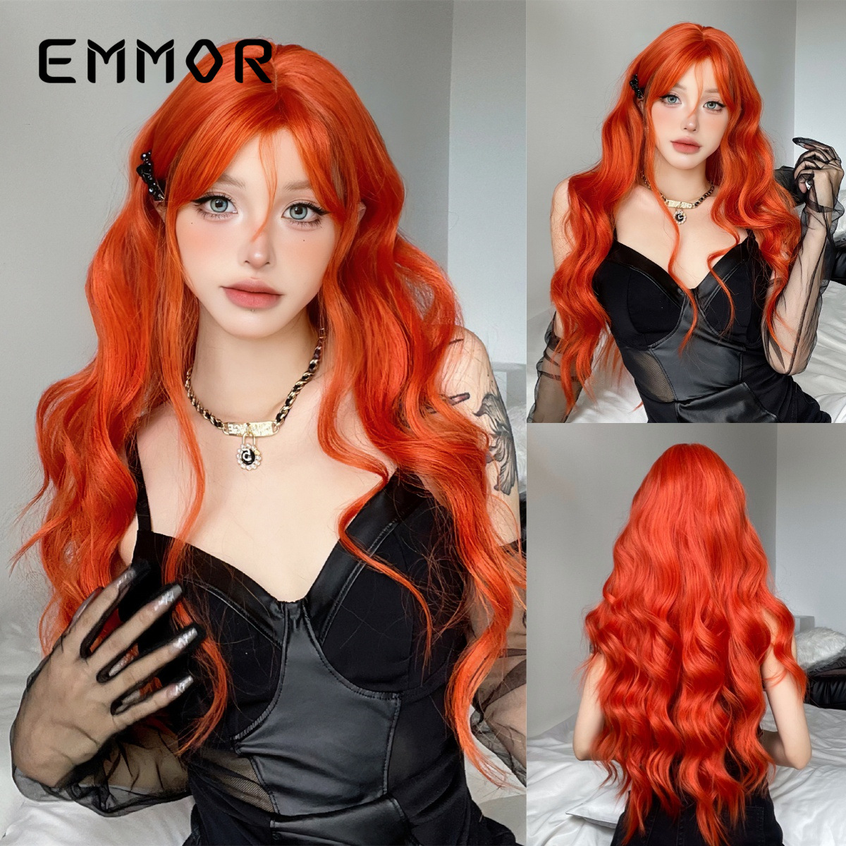 Mae La rojo gradiente de ocho caracteres flequillo grandes ondas cabello largo y rizado moda natural toda la peluca de Halloween