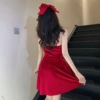 Hanging strap small red skirt sexy fur patchwork gold velvet dress with waistband and A-line skirt inside for autumn and