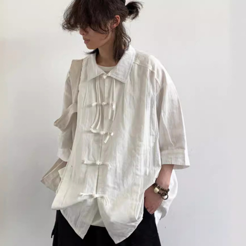 Summer V-Neck Youth Unisex Chinese Traditional Style Collar Shirt with Cantonese Style, Fashion Couple Minority Tangzhuang Outerwear