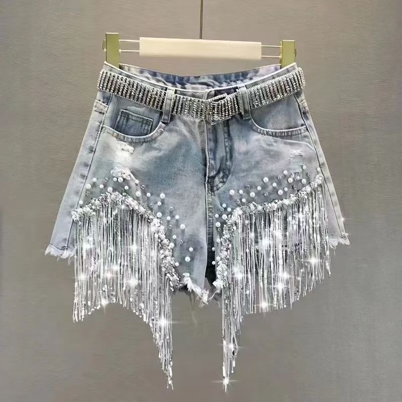 Women's Heavy Duty Rhinestone Denim Shorts High Waisted Slimming Beaded Tassel Ripped Copper 2026 Summer New Style_ecoleips.com
