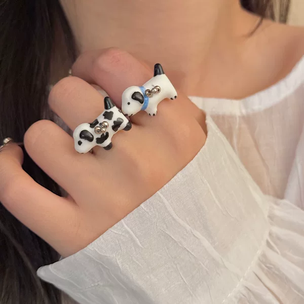 Niche Handmade Ring Beaded Titanium Steel Ceramic Puppy Spots Cute Stylish Funny Ring Elastic Adjustable