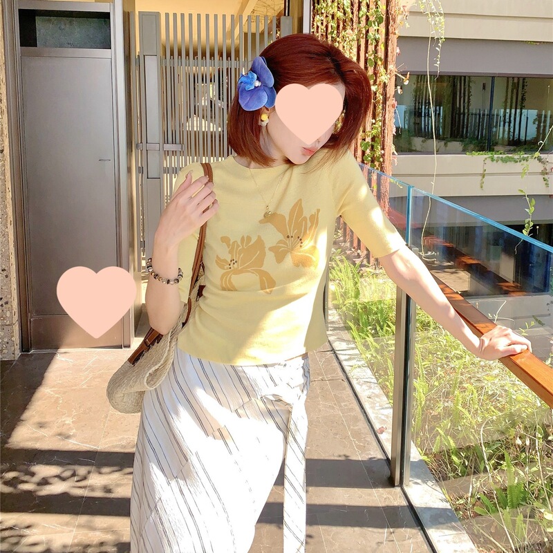 White Tea Fragrance Spring New Style Soft and Sweet Versatile Embroidered Knit Top for Women, Half-Sleeve Shirt in Light Blue and Light Yellow