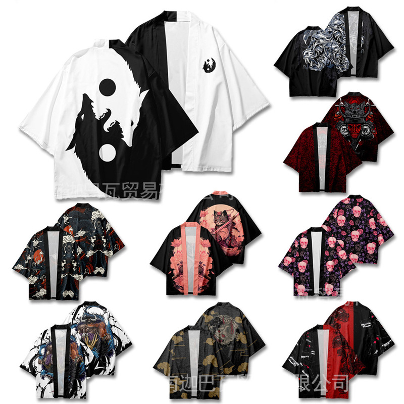 2023 foreign trade Japanese style ukiyo-e series element cloak kimono robe versatile cardigan 3/4 sleeve shirt summer