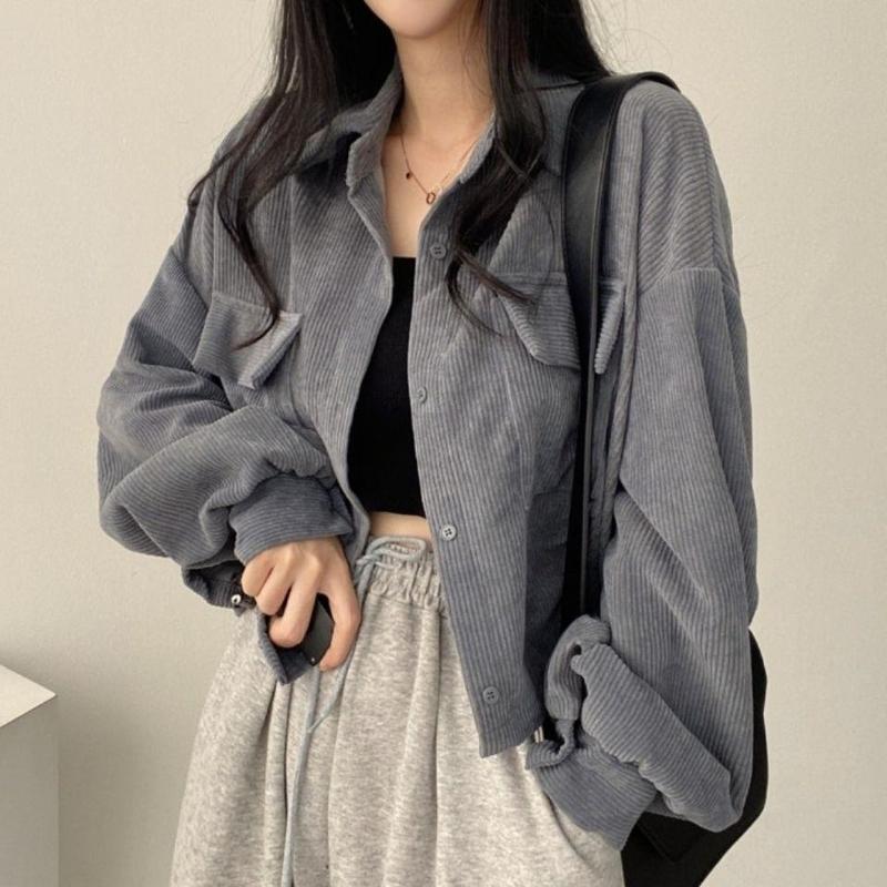 韓国シックな秋冬フレンチレトロルーズ多用途シングルブレストラペルショートコーデュロイシャツジャケット女性用|undefined