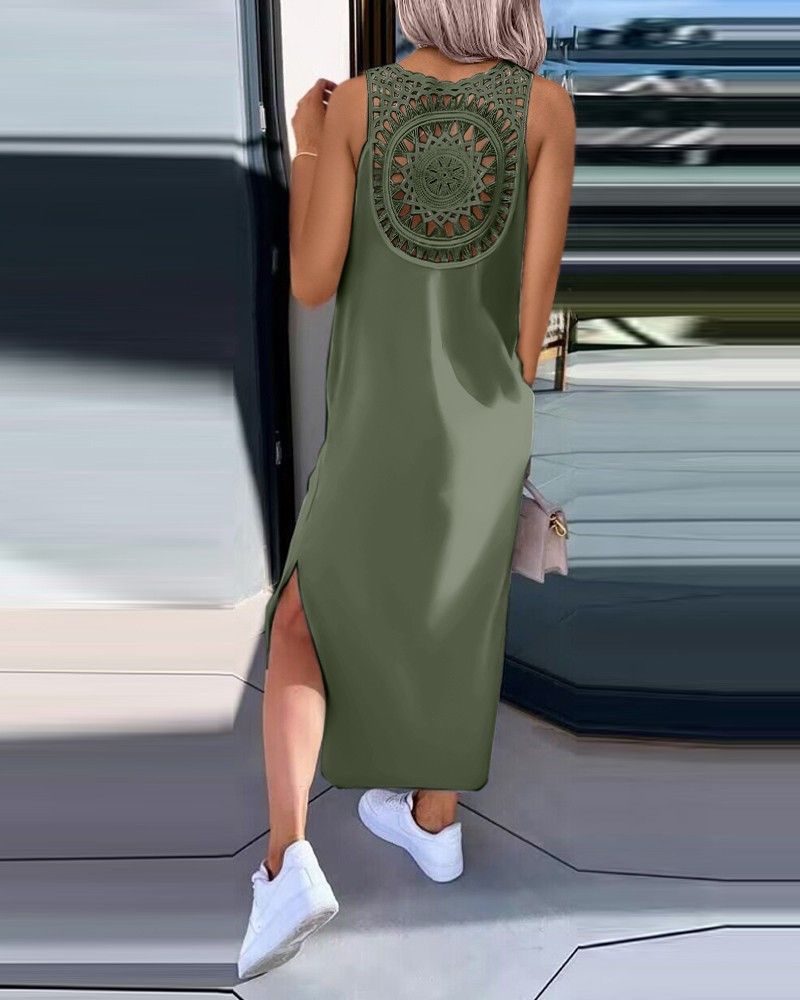 European And American Style Foreign Trade Women's Clothing Lace Hollow-out Suspender Sleeveless Slit Tank Dress,_ecoleips.com