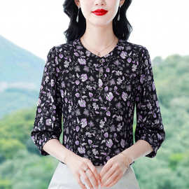 杭州真丝桑蚕丝衬衫女2026新品时尚减龄印花气质衬衣洋气女士上衣