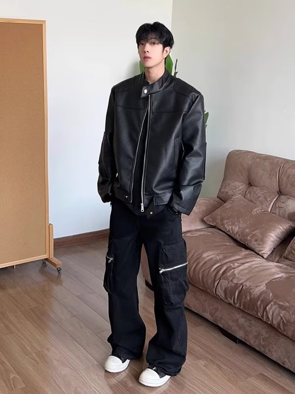 美式复古宽松立领机车皮衣外套男秋季新款设计感帅气休闲pu皮夹克|undefined