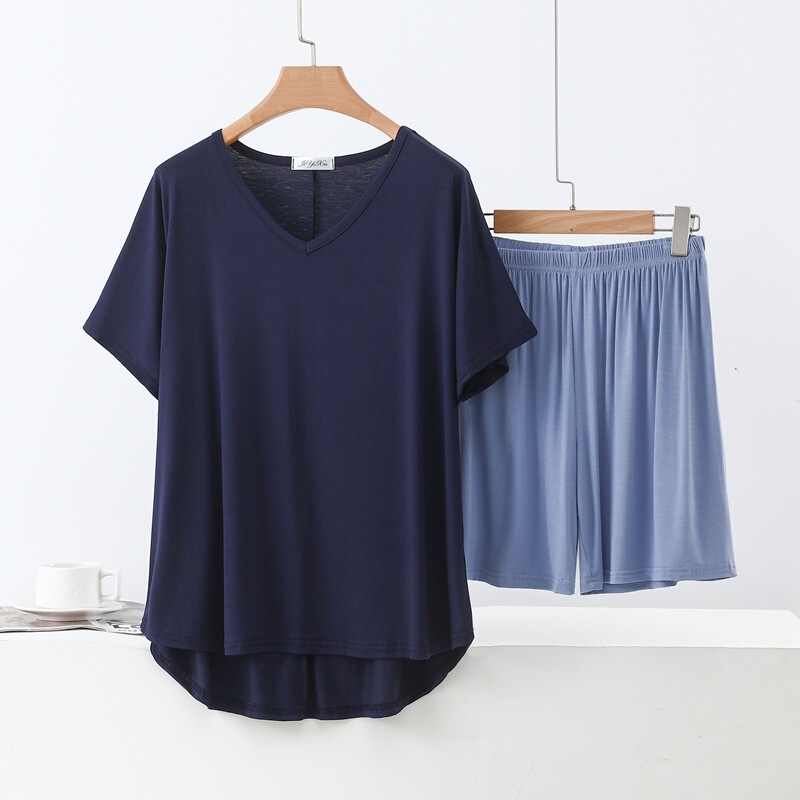 Summer Modal Short-Sleeved V-Neck T-Shirt with Front Short and Back Long Hem, Loose Shorts Two-Piece Set, Plus-Size Casual Loungewear Set Summer Modal Short-Sleeved V-Neck T-Shirt with Front Short and Back Long Hem, Loose Shorts Two-Piece Set, Plus-Size Casual Loungewear Set
