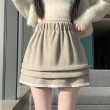 实拍l韩国东大门女装新款冬季A字裙花边撞色半身裙毛呢短裙