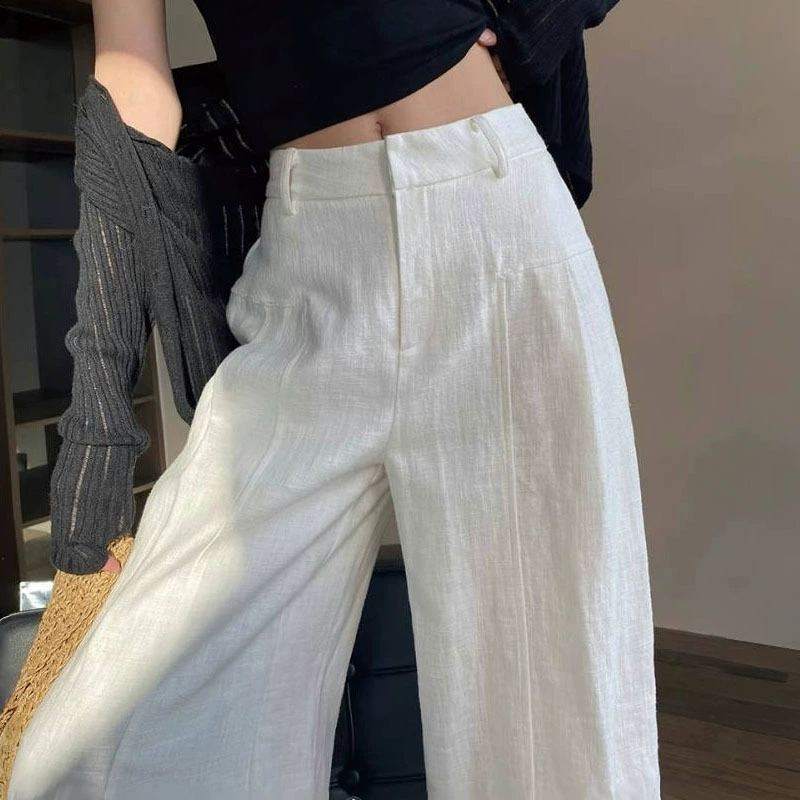Широкие женские брюки из белого льна и рами, летний тонкий драпированный костюм с высокой талией в стиле старых денег, прямые повседневные брюки из хлопка и льна.