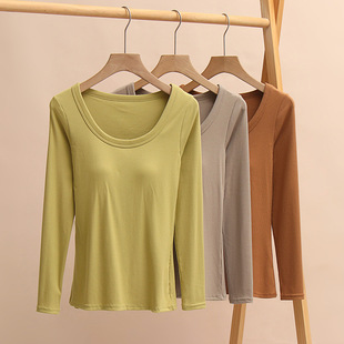 Women's long-sleeved T-shirt with chest pad, low collar, slim fit, Autumn, large round neck, 2023 New