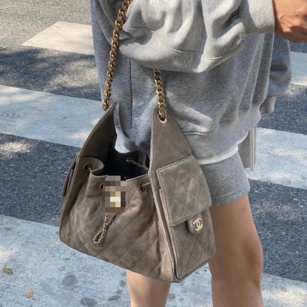 Cross-Border 25K Suede 25 Bag Quilted Chain Hippie Shoulder Bag Hobo Underarm Bag Genuine Leather Drawstring Bucket Bag For Women - Thumbnail 3
