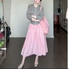韩系灰色假两件针织开衫女2025早秋超好独特漂亮设计感两件套装女