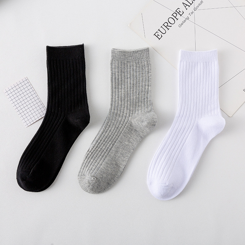 Double Needle Men's Mid-barrel Spring and Summer White Stockings Men's Black Socks Four Seasons Combed Cotton Sports Socks Mid-high ins Solid Color Socks