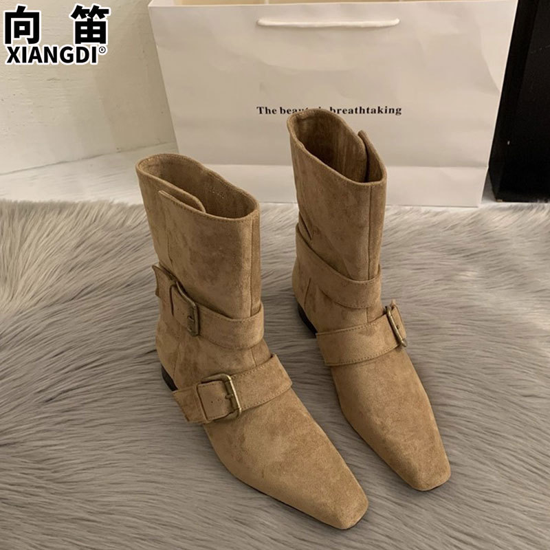 牛反绒法式小短靴女2025秋冬季新款西部牛仔靴粗跟中筒靴子骑士靴|undefined