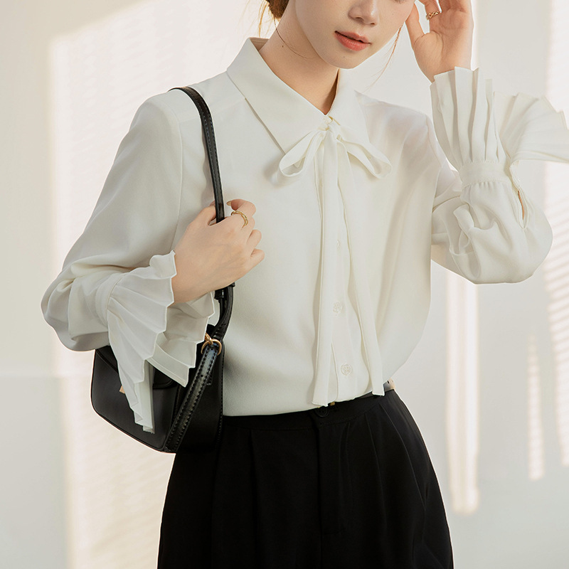 2025现货风琴袖蓝色衬衫女秋季蝴蝶结职业面试正装内搭上衣|undefined