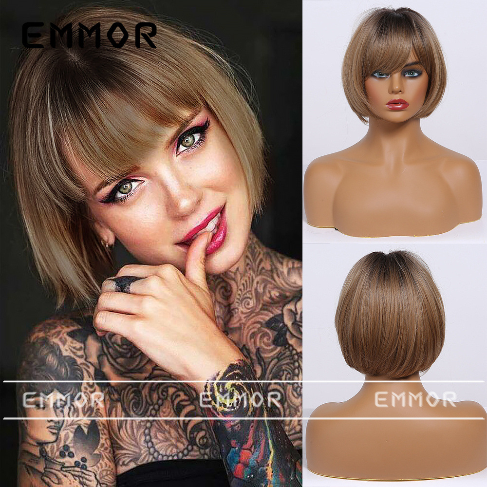 Emmor comercio exterior peluca de moda transfronteriza cabeza teñida cinta de platino negro bangs pelo corto recto peluca de cabeza completa hembra