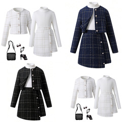 女の子用スーツ 春物 輸入卸売 シャネル風チェック柄イレギュラースカート 女の子用3点セット 欧米風子供服