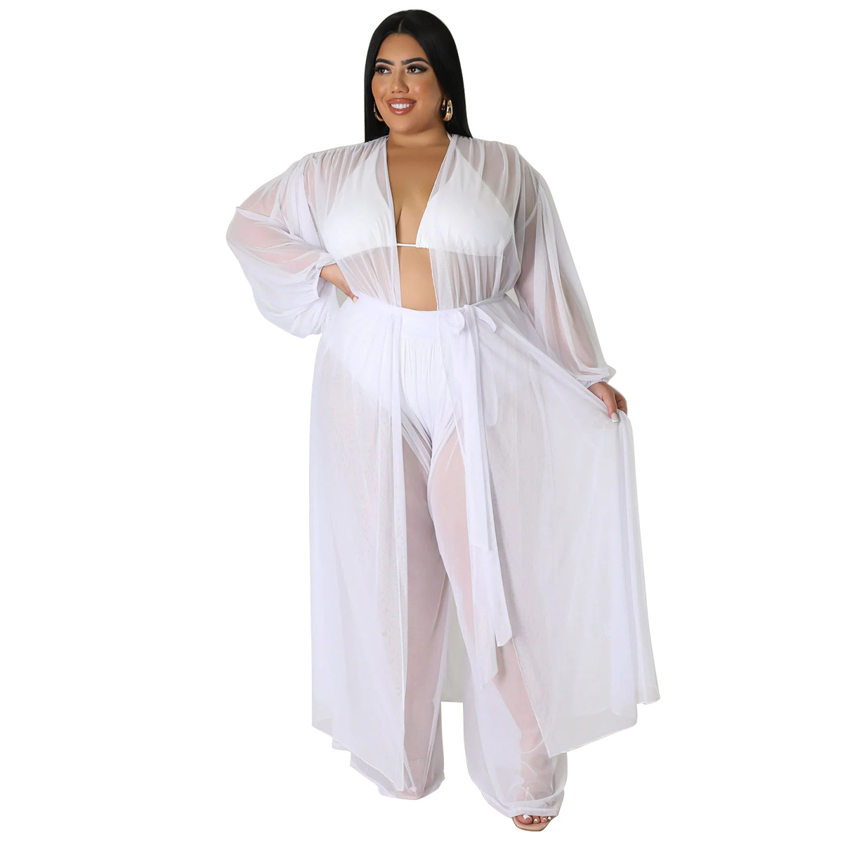 Women's plus Size Batwing Sleeve Two Piece Set European American Style Solid Color See through Long Sleeve Sexy Pants_voghion.com