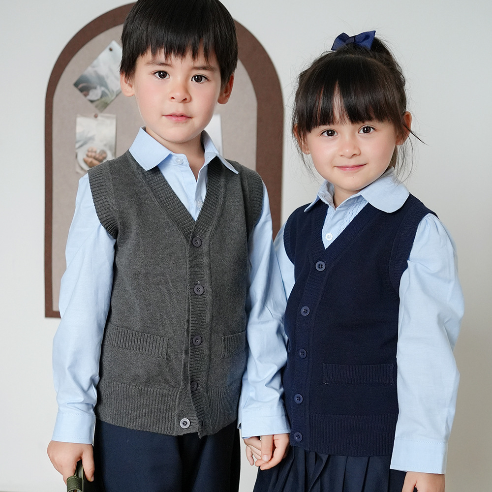 Transfronterizo europeo y americano Bolsillo falso niños y niñas Chaleco de punto Chaqueta de punto medio y grande suéter de los niños chaleco uniforme escolar al por mayor