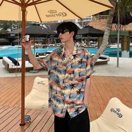 夏季凉感古巴领花衬衫男士时尚椰树印花海边度假风冰丝短袖衬衣潮