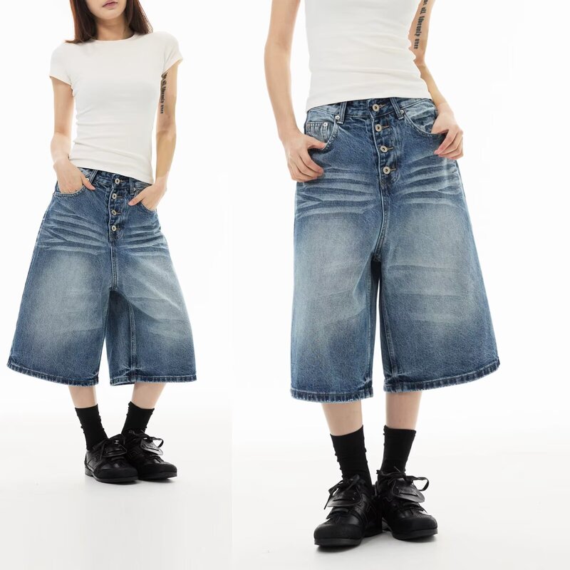 American Retro Casual Trendy Brand Whiskered Washed Vintage Loose Wide-Leg Cropped Denim Shorts with Side Pockets American Retro Casual Trendy Brand Whiskered Washed Vintage Loose Wide-Leg Cropped Denim Shorts with Side Pockets
