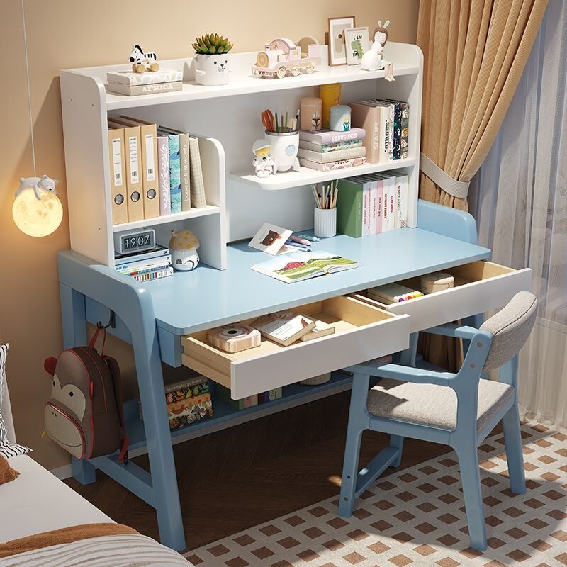 Solid wood study desk, elementary school student desk with integrated bookshelf, adjustable height writing desk, middle school student desk and chair set Solid wood study desk, elementary school student desk with integrated bookshelf, adjustable height writing desk, middle school student desk and chair set