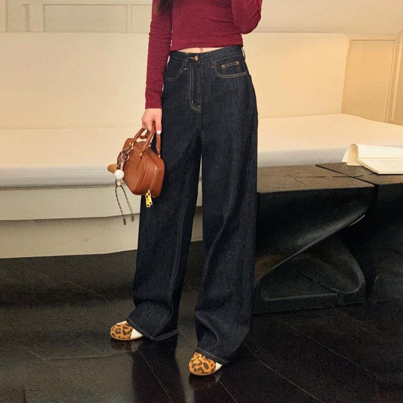 American-style Niche Straight-leg Jeans Women's Lazy Hanging High Waist Loose Mopping dark blue Wide-leg Long Pants American-style Niche Straight-leg Jeans Women's Lazy Hanging High Waist Loose Mopping dark blue Wide-leg Long Pants