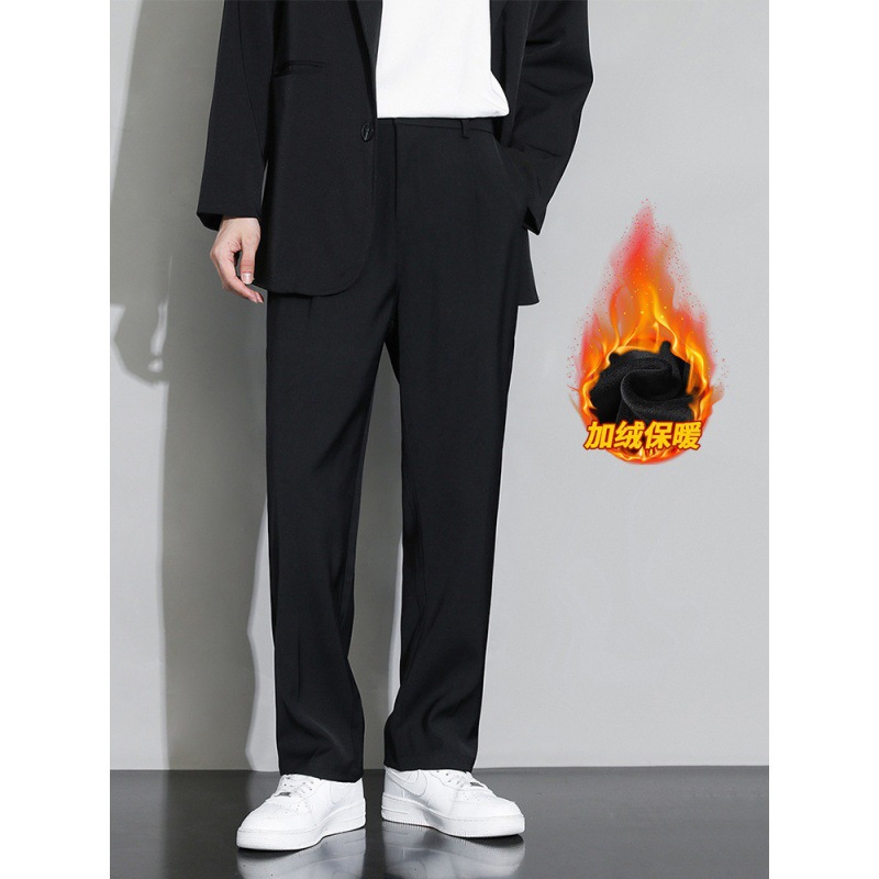 Pantalones de invierno recto y pantalones casuales de lana para hombres. Pantalones de traje negro de piernas anchas. image 1
