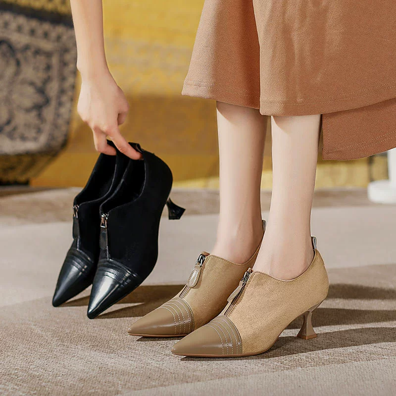 Женские туфли на высоком каблуке, шпильки, новые модели осень-зима 2025, с передней молнией, в ретро-британском стиле, женские туфли в стиле пэчворк с острым носком, туфли с глубоким вырезом.