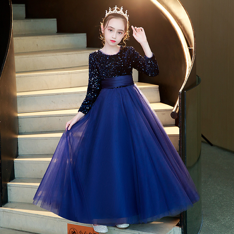 Nuovo abito lungo da bambina blu scuro con paillettes, maniche, gonna a sbuffo in rete, con motivo pianoforte e violino._voghion.com