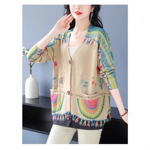 2025Temu New Autumn and Winter Personalized Printed Loose Casual V Neck Single-Breasted Mink Velvet Jacket Shein Hot Style