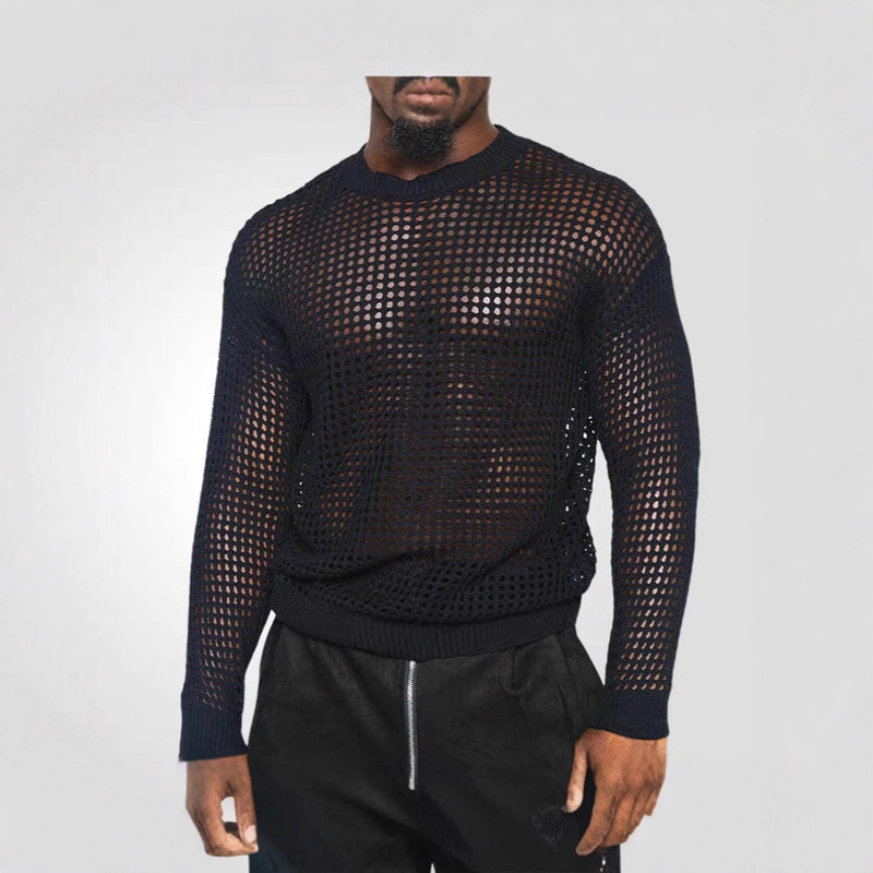 European and American Mesh Cut Out Knitwear Men's See-Through Sexy Long-Sleeved Sun Protection Blouse Fishnet Large Hole Mesh Sweatshirt Jacket