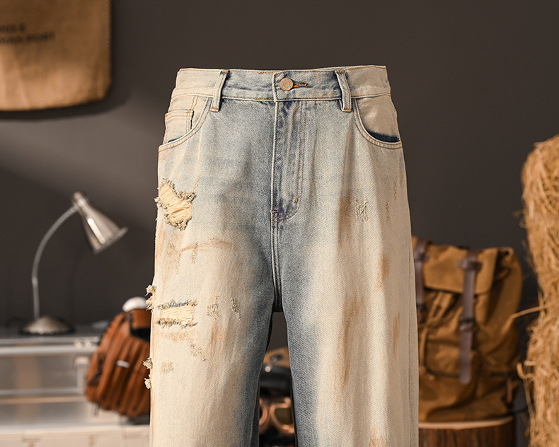 Vintage Denim Jeans For Men Distressed Wide Leg Patchwork Retro_voghion.com