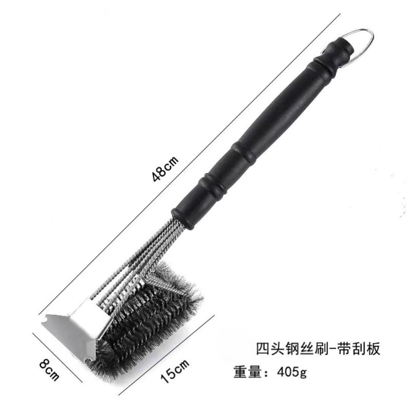 跨境烧烤刷清洁刷不锈钢钢丝刷油刷烧烤架烤炉烤网清洁三头带刮刀|undefined