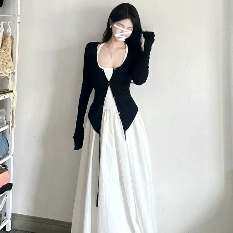 Summer French Style Dress Suit, High-End Korean Style Sun Protection Cardigan Suspender Dress Two-Piece Set Summer French Style Dress Suit, High-End Korean Style Sun Protection Cardigan Suspender Dress Two-Piece Set
