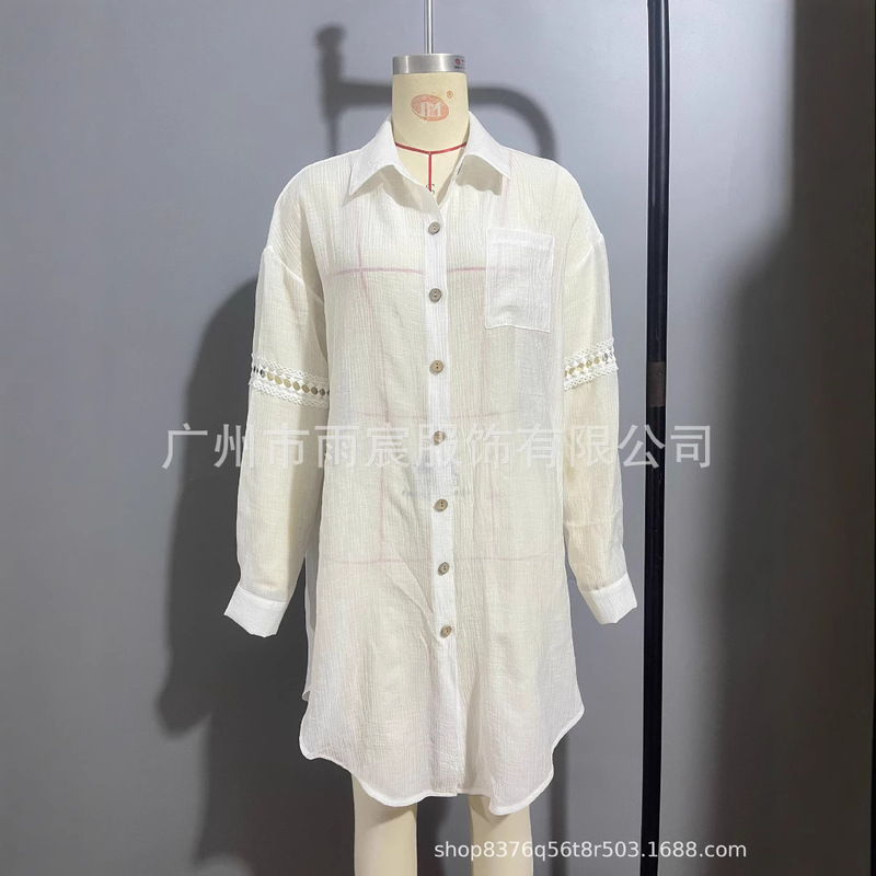 Cross-border 2024 Summer New Solid Color Hollow Lace Back Split Lace-up Shirt Bikini Blouse Beach Shirt