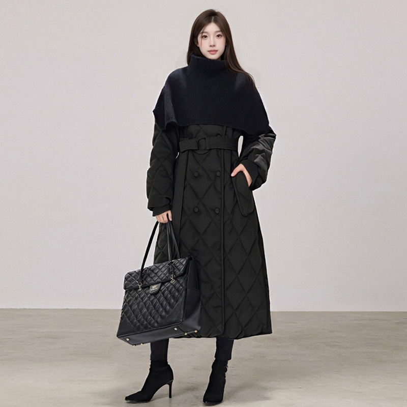 Real Shot of Knitted Scarf Shawl down Jacket 2025 Winter New Light Warm Thickeneded Cotton Jacket Waist Rhombus Jacket for Women