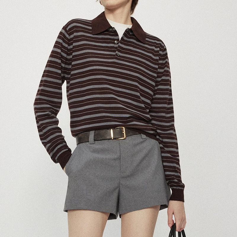 Moco Knitwear Mo&Co. Spring and Autumn Retro Striped Polo Collar Lightweight Merino Wool Blend Moco Knitwear Mo&Co. Spring and Autumn Retro Striped Polo Collar Lightweight Merino Wool Blend