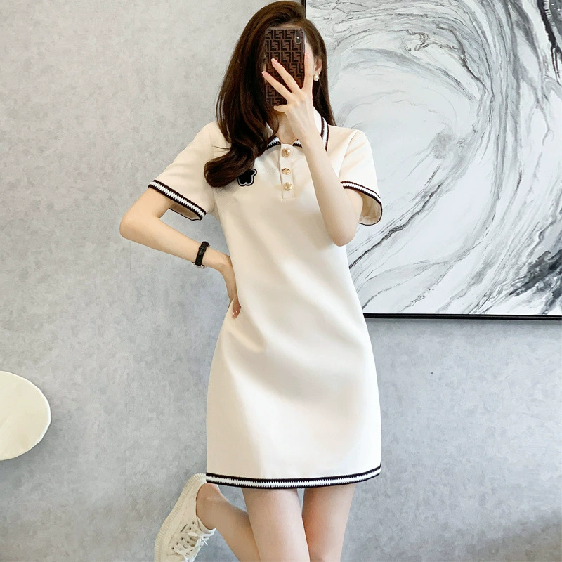 Белое поло-платье для женщин лето 2025, новое элегантное, омолаживающее, с мелкой текстурой, высококачественная повседневная юбка