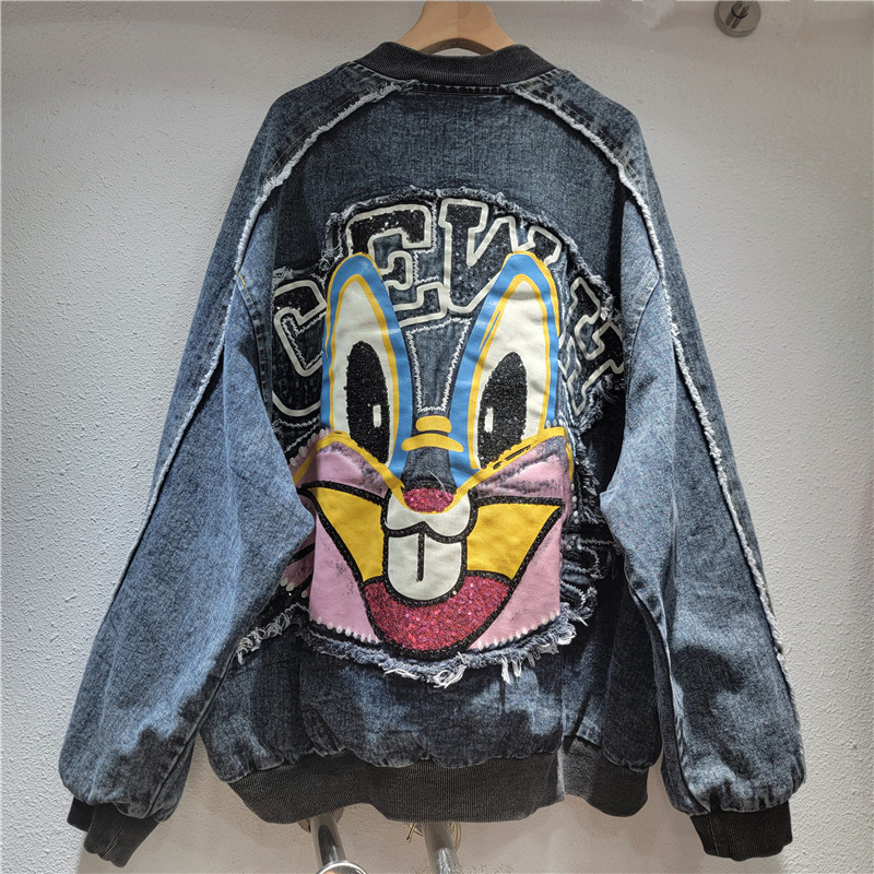 Heavy-Duty Cartoon Patch Embroidery Denim Splicing Jacket for Women 2025 Autumn Loose Casual Versatile Jacket Top