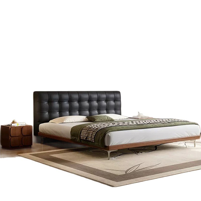 Cama de cuero principal simple red retro madera de cera blanca minimalista waffle doble cama de madera sólida de envoltura suave piel de vaca