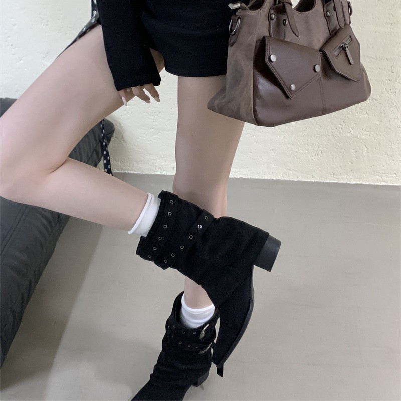 2025辣妹裤管短靴女粗跟美拉德中筒靴气质尖头显瘦骑士马丁靴|undefined
