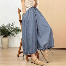 2025夏季新品 文艺细条纹收口松紧腰牛仔灯笼裤女七分裤百搭显瘦